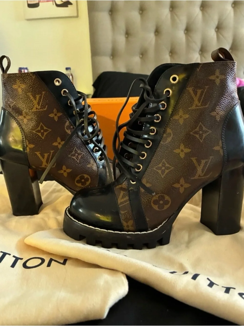 Louis Vuitton Brown Monogram Lace-Up Chunky Heel Boots - Picture 2 of 5